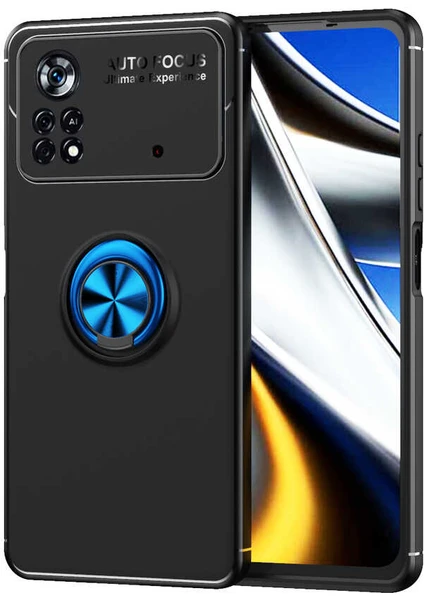 Case 4U Xiaomi Poco M4 Pro 4G Kılıf Autofocus Shockprof Ravel Yüzüklü Standlı Slikon Kapak Siyah - Mavi