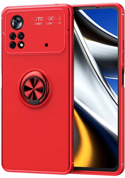 Case 4U Xiaomi Poco M4 Pro 5G Kılıf Autofocus Shockprof Ravel Yüzüklü Standlı Slikon Kapak Kırmızı