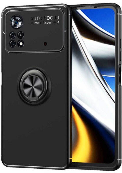 Case 4U Xiaomi Poco M4 Pro 5G Kılıf Autofocus Shockprof Ravel Yüzüklü Standlı Slikon Kapak Siyah