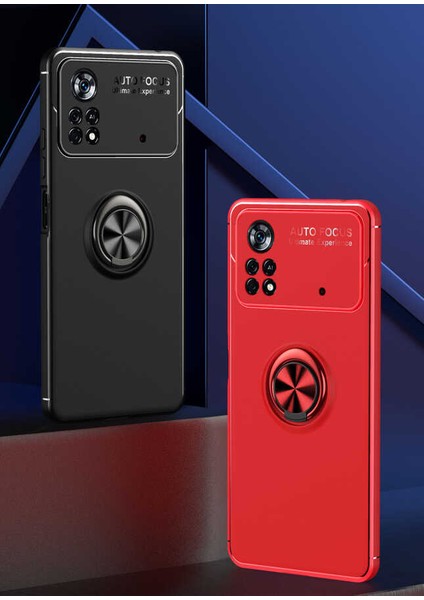 Case 4U Xiaomi Poco M4 Pro 5G Kılıf Autofocus Shockprof Ravel Yüzüklü Standlı Slikon Kapak Siyah