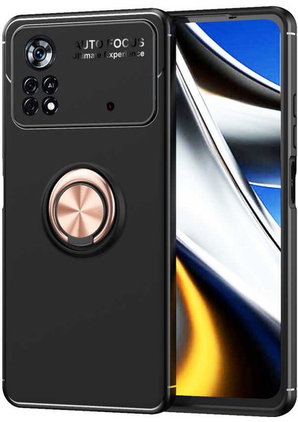 Case 4U Xiaomi Poco M4 Pro 5G Kılıf Autofocus Shockprof Ravel Yüzüklü Standlı Slikon Kapak Siyah - Rose Gold