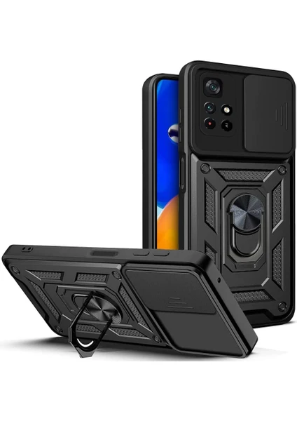 Case 4U Xiaomi Poco M4 Pro 5G Kılıf Stand Olabilen Yüzüklü Sürgülü Vega Arka Kapak Siyah