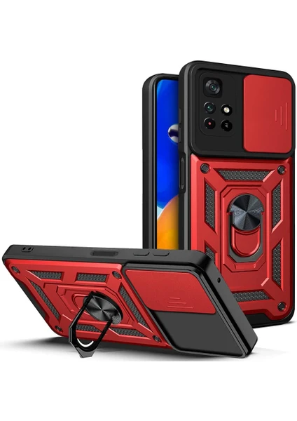 Case 4U Xiaomi Poco M4 Pro 5G Kılıf Stand Olabilen Yüzüklü Sürgülü Vega Arka Kapak Kırmızı