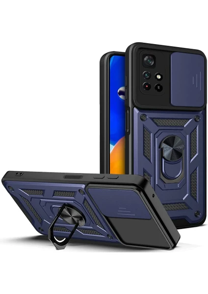 Case 4U Xiaomi Poco M4 Pro 5G Kılıf Stand Olabilen Yüzüklü Sürgülü Vega Arka Kapak Lacivert