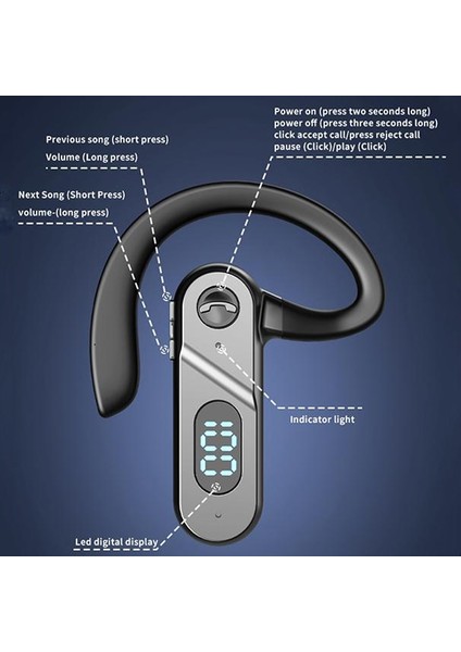 Asılı Kulak Dijital Ekran Ses Kontrolü Bluetooth Kulaklık Siyah (Yurt Dışından)