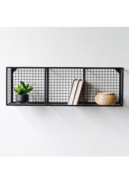 Metal 3 Küp Gözlü Kafes Yatay Duvar Rafı/Kitaplık (100 x 33 x 23 cm)