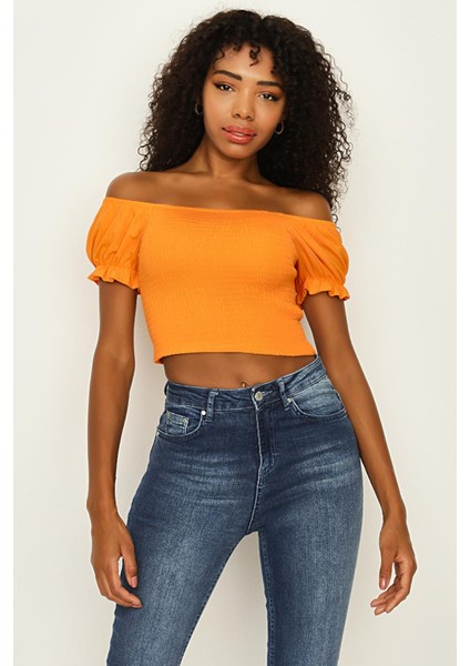 Kadın Balon Kol Gipeli Crop Bluz