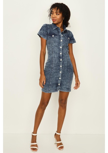 Kadın Önden Düğmeli Denim Elbise