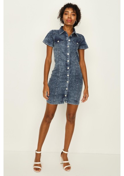 Kadın Önden Düğmeli Denim Elbise