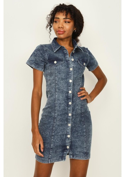 Kadın Önden Düğmeli Denim Elbise