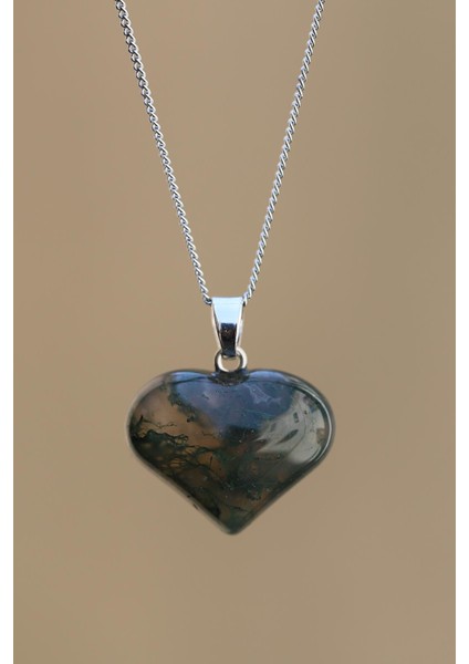 Yosun Akik Doğal Taş Kalp Model Kolye