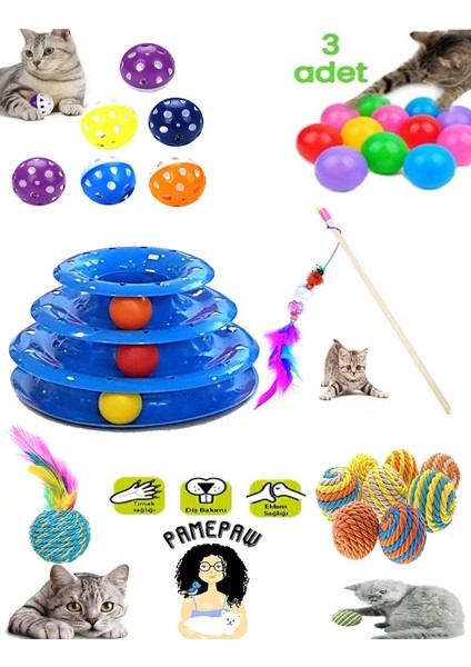8'li Set: Sarma Topu+3'lü Renkli Top+Oyun Topu Tüylü + Kedi Oltası+3 Katlı Oyuncak +Çıngıraklı Top