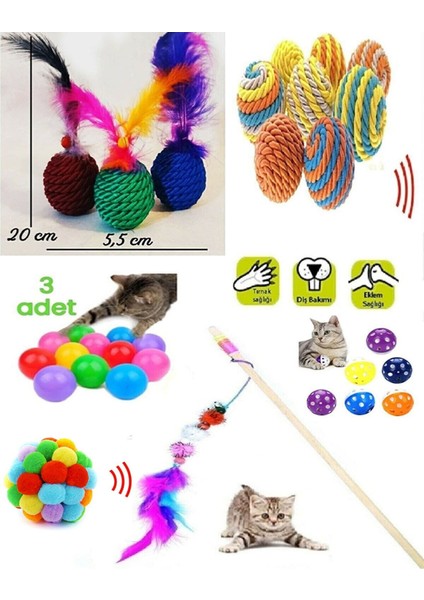 8'li Set: Ip Sarma Topu +3'lü Renkli Top+ Kedi Oyun Topu Tüylü + Kedi Oltası Kedi Oyuncağı+Ponpon Top+Top