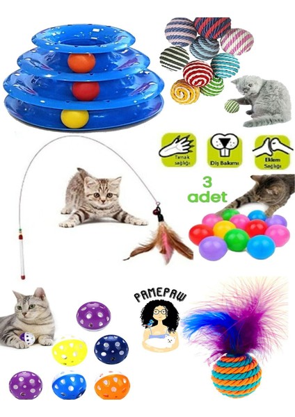 8'li Set: Ip Sarma Topu +3'lü Renkli Top+Kedi Oyun Topu Tüylü +Yaylı Kedi Oltası+3 Katlı Oyuncak+Top
