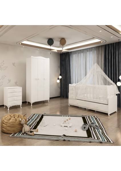 Melina Yıldız 3 Kapaklı Bebek Odası Takımı Beyaz - Kombinli-Uyku Seti-Beyaz
