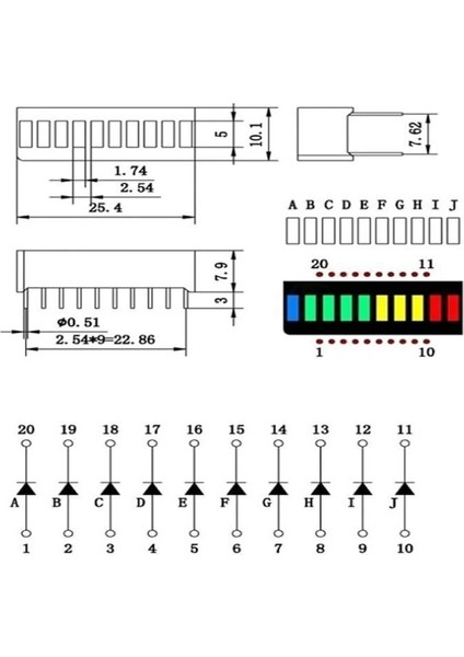 4 Renk Bar LED 10 Segment Akü Batarya Kapasite Doluluk Göstergesi