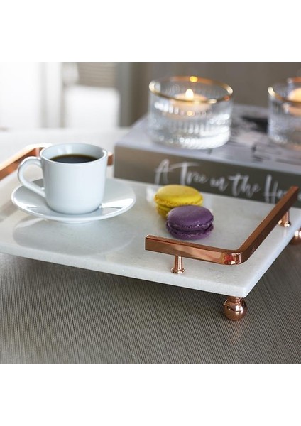 Mermer Beyaz Rose Gold Boncuk Ayak L Dizayn 30 x 20 cm Tepsi fırsatları