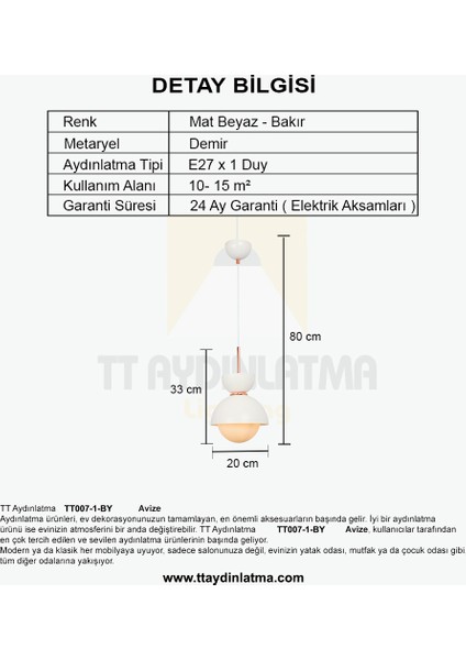 TT Aydınlatma TT007-1-BY Tt Aydınlatma Mat Beyaz Tekli Lüks Avize