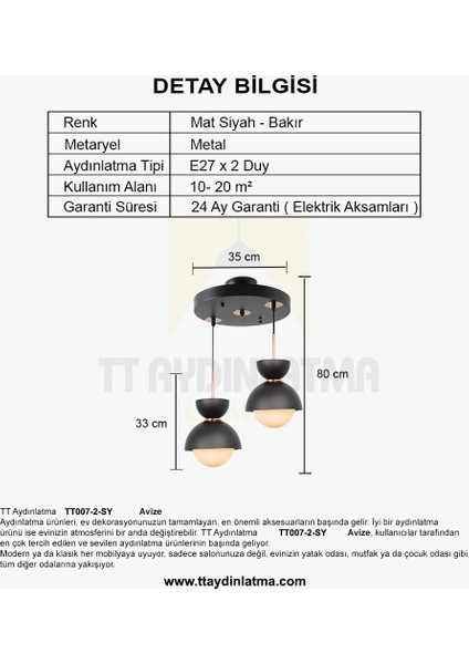 TT007-2 Sy Tt Aydınlatma Mat Siyah 2 Li Lüks Avize