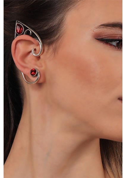 Kadın Antik Gümüş Kaplama Çivili Model Kırmızı Kristal Kesme Taşlı Ear Cuff Sağ Kulak Küpe