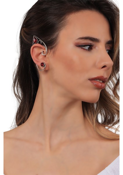 Kadın Antik Gümüş Kaplama Çivili Model Kırmızı Kristal Kesme Taşlı Ear Cuff Sağ Kulak Küpe fiyatları