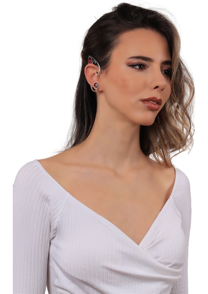 Kadın Antik Gümüş Kaplama Çivili Model Kırmızı Kristal Kesme Taşlı Ear Cuff Sağ Kulak Küpe fırsatları