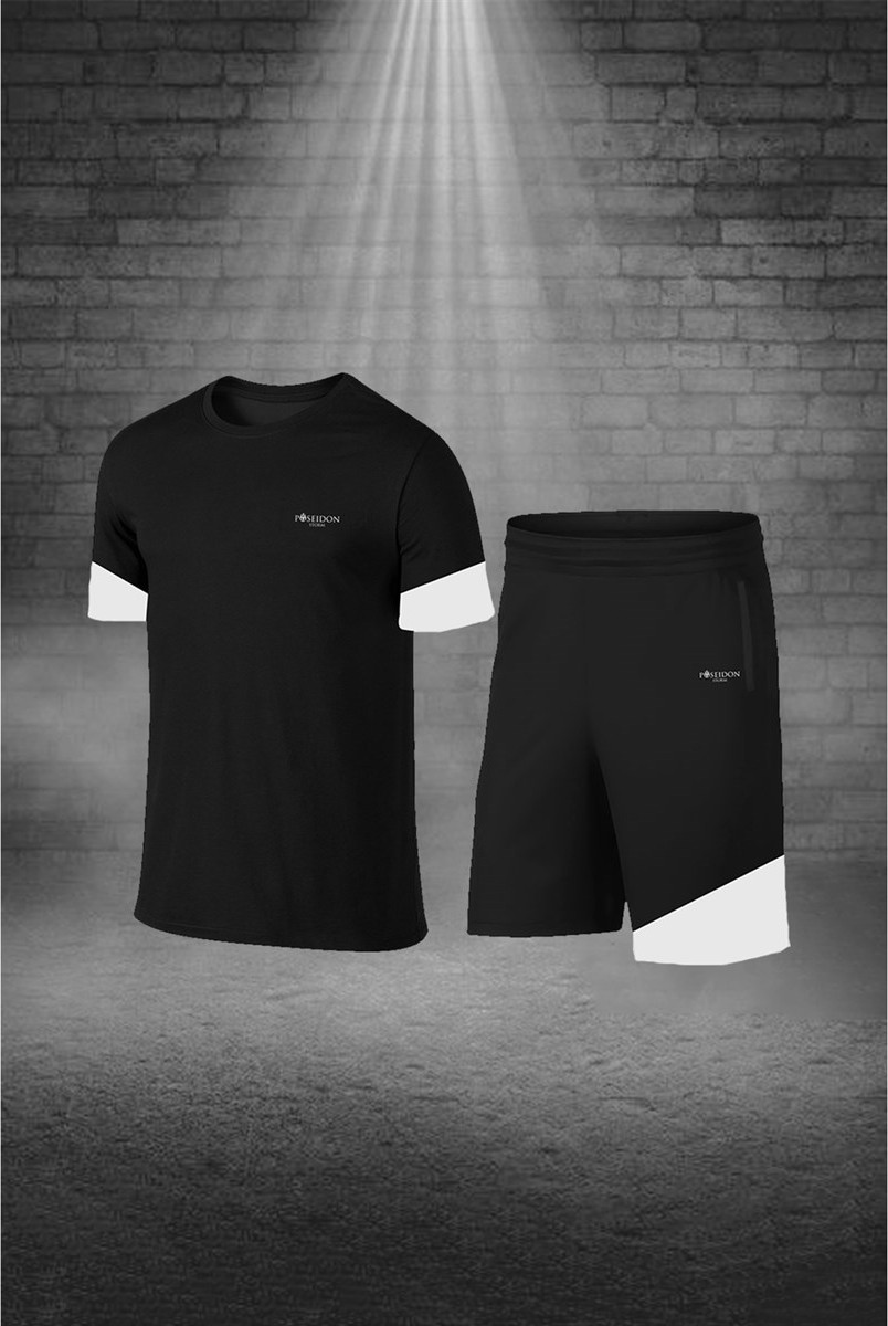 POSEIDON STORM Erkek Siyah Dri-Fit Kumaş Baskısız Yuvarlak Yaka Kısa Kol Tişört Şort Alt Üst Takımı (S-3xl)