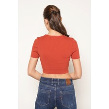 Trist Star Kadın KIREMIT %100 Organik Pamuk Likralı Crop Bisiklet Yaka Kısa Kol Triko Örme Bluz TRIST-6125