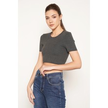 Trist Star Kadın ANTRASİT %100 Organik Pamuk Likralı Crop Bisiklet Yaka Kısa Kol Triko Örme Bluz TRIST-6125