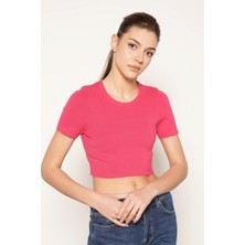 Trist Star Kadın FUSYA %100 Organik Pamuk Likralı Crop Bisiklet Yaka Kısa Kol Triko Örme Bluz TRIST-6125