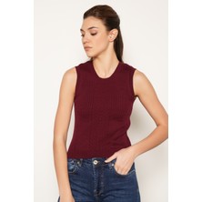 Trist Star Kadın BORDO %100 Organik Pamuk Saç Örgülü Fitilli Bisiklet Yaka Triko Atlet Örme Bluz TRIST-6122