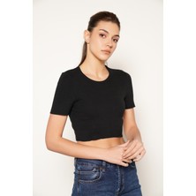 Trist Star Kadın SIYAH %100 Organik Pamuk Likralı Crop Bisiklet Yaka Kısa Kol Triko Örme Bluz TRIST-6125