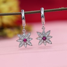 Kırmızı Beyaz Taşlı Sallantılı Kutup Yıldızı Gümüş Küpe