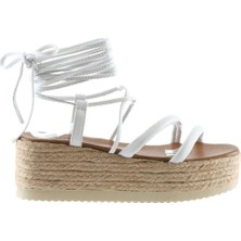 Bueno Shoes Beyaz Deri Kadın Dolgu Topuklu Sandalet