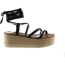 Bueno Shoes Siyah Khv-Bej Deri Kadın Dolgu Topuklu Sandalet