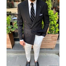 Erkek Dar Kesim Metal Düğme Kruvaze Tek Ceket-Siyah