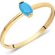 Fasek Gold Tektaş Altın Yüzük - 14 Ayar Altın Oval Tek Taş Turkuaz Taşlı Minimal Kadın Yüzük - Eşe, Sevgiliye