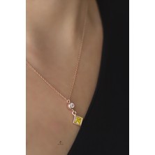 By Barun Yuvarlak  Beyaz Taşlı 925 Ayar Sarı Kare Gümüş Kolye-Rose