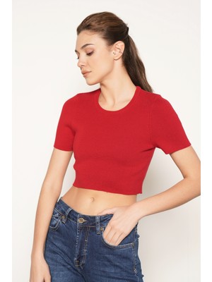 Trist Star Kadın KIRMIZI %100 Organik Pamuk Likralı Crop Bisiklet Yaka Kısa Kol Triko Örme Bluz TRIST-6125