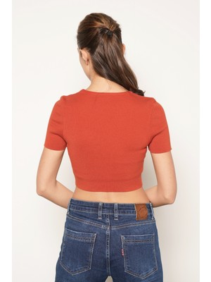 Trist Star Kadın KIREMIT %100 Organik Pamuk Likralı Crop Bisiklet Yaka Kısa Kol Triko Örme Bluz TRIST-6125