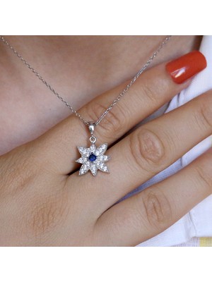 Lacivert Beyaz Taşlı Kutup Yıldızı Gümüş Kolye