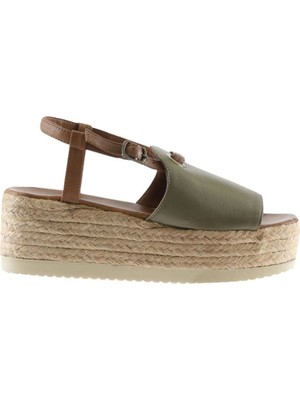 Bueno Shoes Yeşil Kahve Deri Kadın Dolgu Topuklu Sandalet