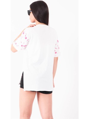 Coral Moda Baskılı Boya Benekli T-Shirt Beyaz