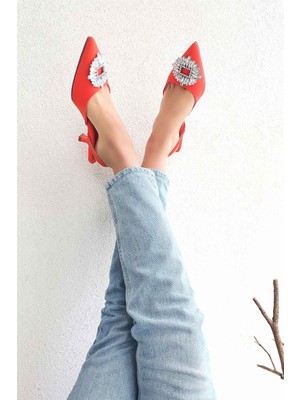 Pabuchh Summer Kadın Kumaş Taş Toka Detay Arka Açık Topuklu Ayakkabı Oranj