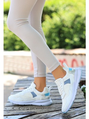 Maysolasta Joox Beyaz Cilt Mavi Detaylı Bağcıklı Spor Ayakkabı