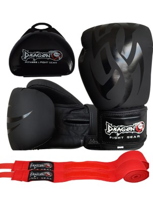 Dragon Black Mamba Siyah Boks Eldiveni 3'lü Set (Kırmızı Bandaj ve Şeffaf Dişlik)