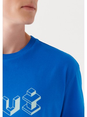 Mavi Logo Baskılı Mavi Tişört