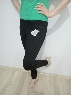 Hn Tekstil Hn Collection Taşlı Kalp Detay Tasarım Toparlayıcı Kot Tayt Pantolon Siyah