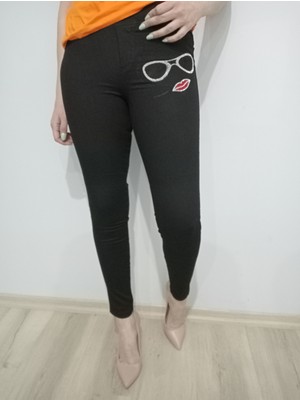 Hn Tekstil Hn Collection Gözlük Dudak Taş Detay Likralı Toparlayıcı Kot Tayt Pantolon