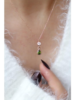 By Barun Beyaz Yeşil Taşlı 925 Ayar Yuvarlak Damla Gümüş  Kolye-Rose